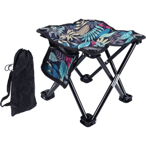 Tragbarer, faltbarer Campinghocker aus Canvas mit Blattmuster, kompakt für Wandern, Angeln, Garten, Strand, mit Tragetasche, Blau (1/5)