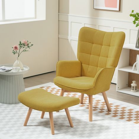 Fauteuil d'appoint avec repose-pieds, fauteuil inclinable aspect velours côtelé, fauteuil à pieds en bois, pour salon, orange