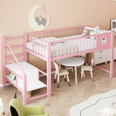 Lit mezzanine bas enfant 90x200cm rose, échelle de rangement intégrée, structure métallique solide pour enfants et adolescents (sans Matelas) (1/5)