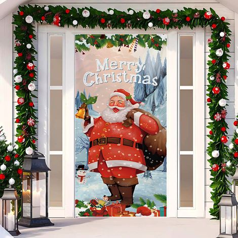 Rideau de porte de Noël 2026, bannière extérieure avec fond photo Père Noël et chien, tissu à suspendre - 90 x 180 cm (œillets + ruban) - 42