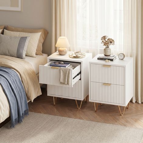 Lot de 2 Tables de chevet 40x40x55cm avec 2 tiroirs, Bois et pieds en métal, Design ondulé moderne, Blanc (1/5)