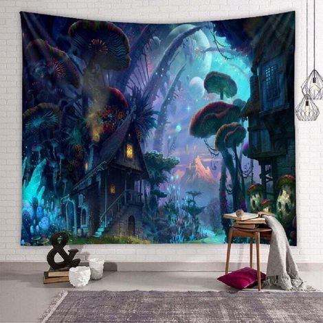 Tapiz de pared Casa del Bosque, Tapiz de Fantasía Psicodélica, Tapiz de pared Castillo de Hongos, Decoración de Tapiz Hippie, Manta para colgar en la pared para Dormitorio/Sala de Estar (200 x 150 cm) (1/4)