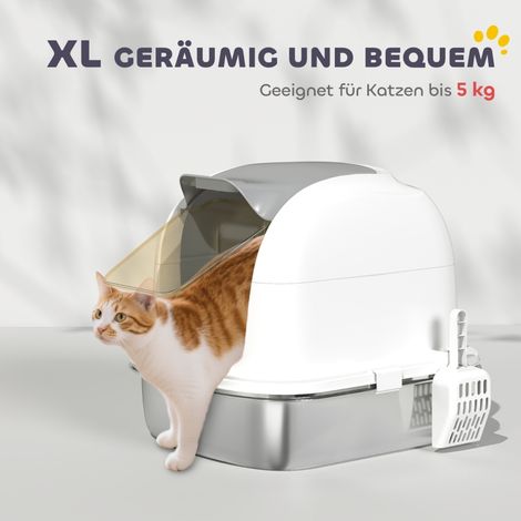 Litière pour chat en inox avec couvercle, bac à litière avec cuvette, pelle à crottes incluse, idéale pour chaton jusqu'à 5 kg, 52,4 x 41,3 x 42 cm, blanc (1/5)