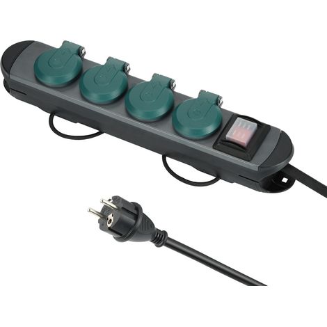 Bloc Multiprises Étanche Professionnel avec Enrouleur, 4 Prises 16A, Câble en Caoutchouc 1.8M, H07RN-F 3G1,5 mm, IP44, Noir/Vert