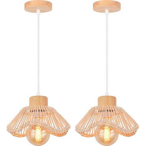Plafonnier moderne en rotin tressé – Lustre intérieur rétro – Abat-jour 22cm – Douille E27 – Longueur câble 100cm – Tension 220V – (1/5)
