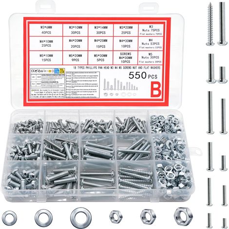 550pcs Kit Assortiment Vis Ronde cruciforme à tête cylindrique et écrous et Rondelles Plates, M3 M4 M5 Vis à Métaux et Jeux de Boulons et écrous, avec Boîte de Rangement (argent 550) (1/5)