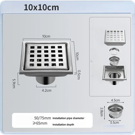 (silver 10x10cm)Stainless steel Floor Drains Tile Invisible Embedded Grid Shower Deodorant Floor Drain Kitchen Bathroom Hardware Fittings (1/4)