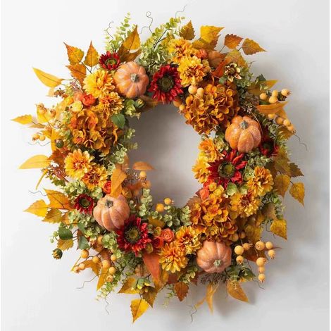 45 cm großer Herbstkranz für die Tür, Herbstliche Außendekoration, Erntedankdekoration, Ahornblatt-, Kürbis- und Sonnenblumengirlande für Zuhause, drinnen und draußen, Landhausstil, Ernte- und Partyde