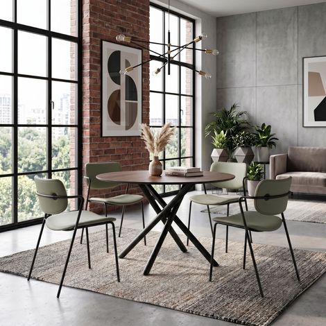 Table ronde design + 4 chaises PU vert et métal noir - AMAEL (1/5)