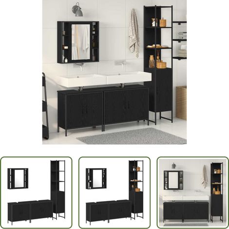 vidaXL Spiegelschrank - Badezimmermöbel-Set mit Regal 4 pcs Schwarz Holzwerkstoff (1/5)