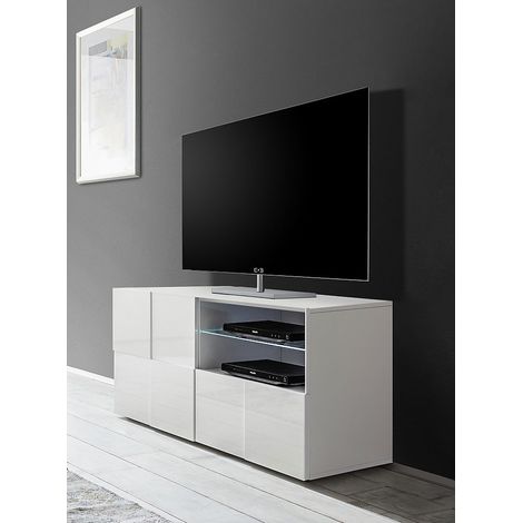Meuble TV moderne 121 cm laqué blanc brillant Milenor (1/4)