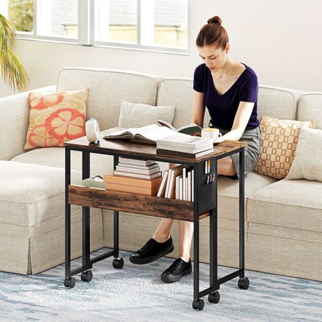 Bureau pliant sur roues 80x50 cm avec plateau et poche de rangement, couleur bois vieilli