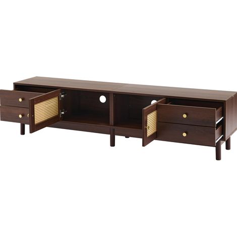 Meuble TV 180 cm en bois foncé avec portes en rotin, 4 tiroirs, gestion des câbles et charnières hydrauliques pour TV jusqu'à 80 pouces (1/5)
