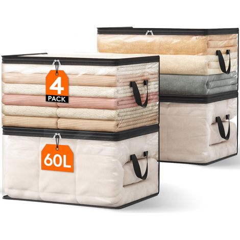 Pack de 4 Sac de Rangement Transparent 60L, Sac Rangement Vetement en PVC, Housse de Couette Pliable avec Poignées, Boite rangement pour Demenagement, Vêtements, Couvertures, Jouets, Livres (1/5)