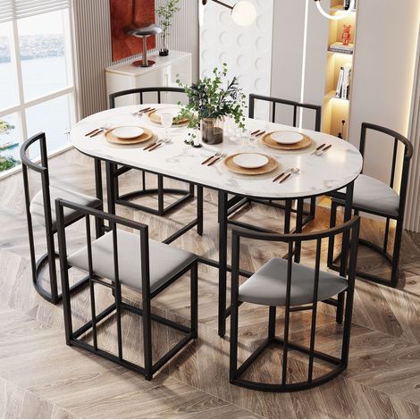 Ensemble table chaises 6 places 140 x 80 cm, MDF, blanc et noir (1/5)