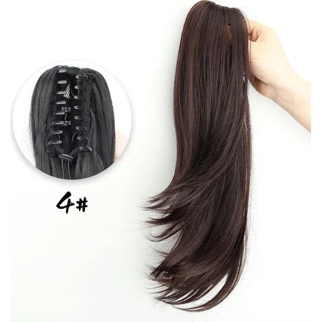 Queue de cheval synthétique à clip de 45 cm (18 pouces) de long, ondulée, noire et marron, résistante à la chaleur, dégradée, 4/4 (1/5)
