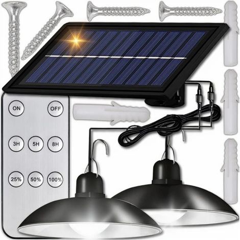 Lampadario a LED solare a doppio sospensione con pannello separato e 2 lampade da giardino.