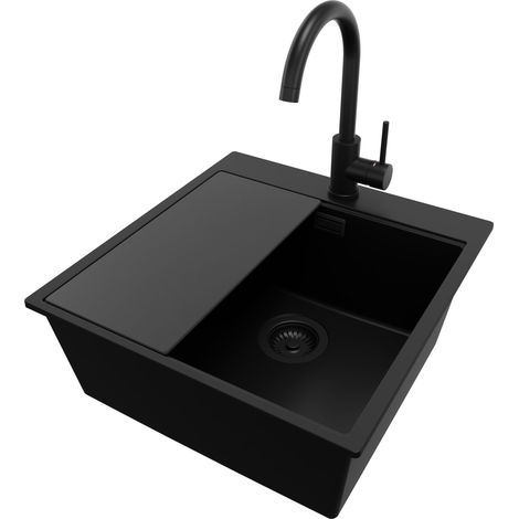 PRIMAGRAN Evier Cuisine en Granit 48x50cm, Lavabo 1 bac + Robinet 32x20cm + Kit de Vidage + Accessoire, Évier à Encastrer au meuble 50cm - Oslo, Tout Noir (1/5)