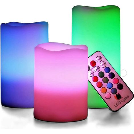Bougies sans flamme multicolores à piles, 3 bougies rondes en cire ivoire avec télécommande multifonction et minuterie, ensemble de bougies à flamme vacillante pour la décoration de la chambre (1/4)