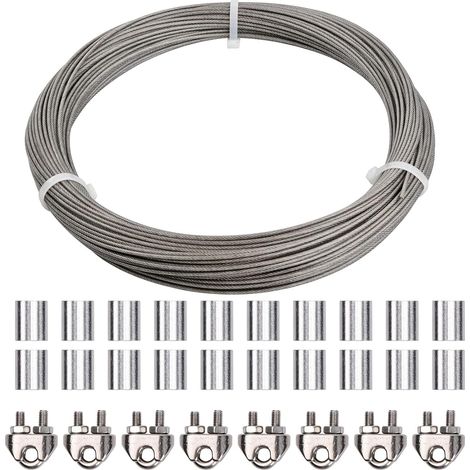 50 m Metal Cable 3 mm, Stainless Steel Cable 7 x 7 PVC Coated with 8 Steel Cable Cables, 20 Aluminium Crimp Loops, Hanging Wire for Frames, Curtains Outdoor Garden (Silver-2mm) (1/5)