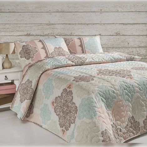 Couette matelassée 250x200 Turquoise Poussière Beige Blanc