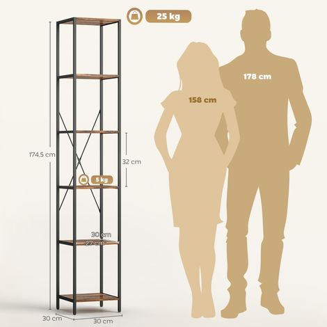 Lot de 2 colonnes de rangement à 6 tablettes, cadre métallique, idéal pièce de vie, espace travail ou chambre, finition chêne vieilli (1/5)