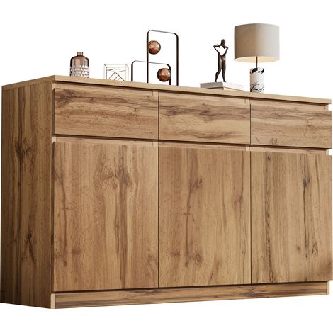 CHICFURN Aparador 135x40x81 cm efecto madera natural, 3 puertas y 3 cajones (1/5)