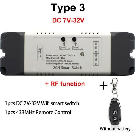 1 télécommande domotique, relais 2 voies WiFi + RF, commande garage intelligent 12V à 220V, DC7-32V, pour maison connectée et portail automatique
