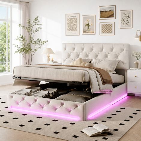 Lit coffre 140x200 cm avec sommier à lattes, lit 2 places rembourré lin beige avec rangement hydraulique, tête de lit capitonnée réglable, led, cadre moderne (1/5)
