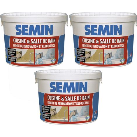 Lot de 3 enduits de rebouchage et rénovation spécial cuisine et salle de bain Semin - adapté aux pièces humides - seau de 5 kg (1/5)