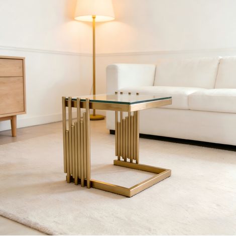 Table basse carrée 41 cm en verre trempé et acier inoxydable doré, finition miroir (1/5)