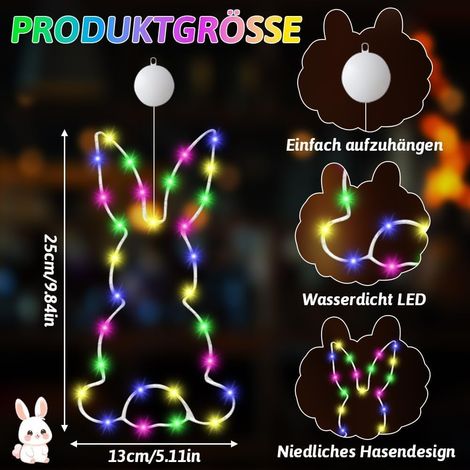 Pack of 2 Easter Decoration LED Window Light, Easter Decoration, Outdoor Easter Decoration, Indoor Window LED Fairy Lights, Easter Bunny Window Lights with Suction Cup and Timer, Battery Operated (1/5)