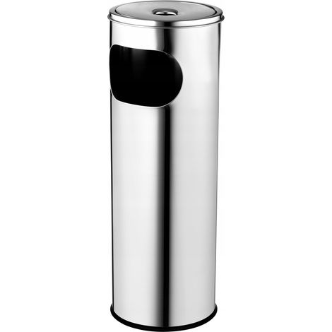 KADAX Cenicero de pedestal de acero inoxidable con bote de basura de 18 litros, tapa y cenicero para sentarse, bote de basura para exteriores (plateado) (1/5)