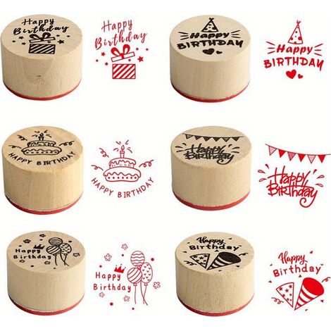 Ensemble de 6 tampons en bois ronds pour la création de cartes, avec motifs « merci » et « joyeux anniversaire » pour les loisirs créatifs…