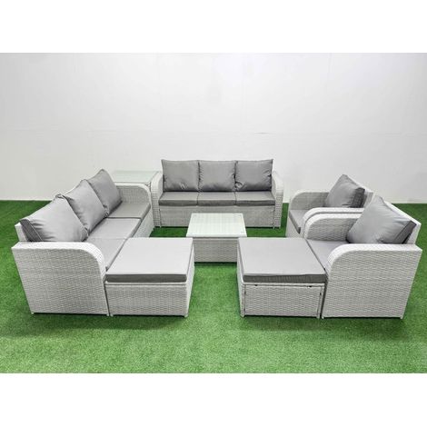 Fimous PE Rattan High Back Lounge Sofa Set Patio Square Coffee Table & Chairs Set with 3 Seater Sofa Reclining Chair 2 Big Footstool Side Table Light Grey (1/4)