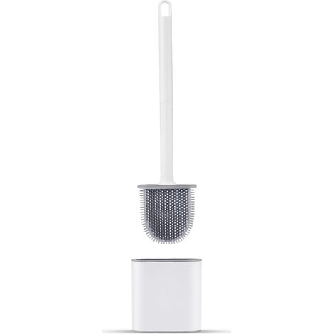 Brosse WC Silicone Plate- Brosse Toilette et Supports, Anti-goutte, Antibactérienne, Balayette WC Ventilée, Séchage Rapide sans Odeur, Balai WC Montage Mural/au Sol, Salle de Bain et WC Blanc (1/5)