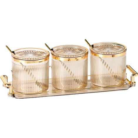 Ensemble de 3 pots à épices en acrylique transparent, comprenant couvercles, cuillères et plateau, idéal pour ranger sel, paprika et sucre dans la cuisine.
