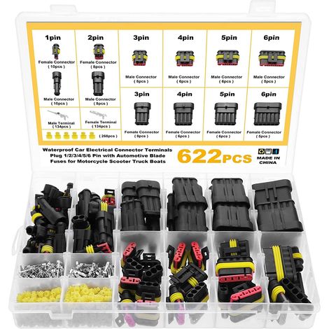 622 Pezzi Impermeabili Connettori, Connettori Stagni per Auto da 1/2/3/4/5/6 Poli Maschio/Femmina con Fusibili a Lama per Auto Barche Camion Scooter Moto, 23-16AWG (1/5)