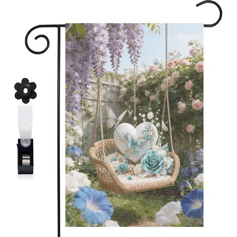 Drapeau de jardin papillons et cœur avec roses turquoise 30 x 45 cm décoration terrasse et extérieur (1/5)