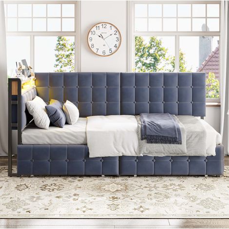 Schlafsofa Stoff Grau 90x200 cm mit 2 Schubladen, LED-Beleuchtung, USB- und Typ-C-Anschluss (1/5)