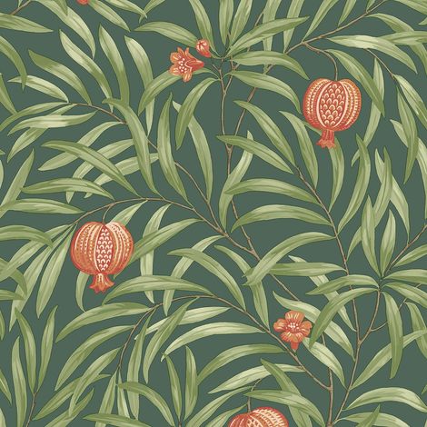 Belgravia Pomegranate Green Orange Wallpaper Leaf Botanical Modern Feature Wall (1/4)