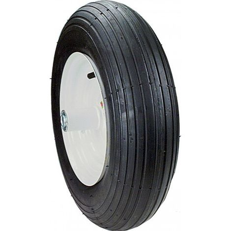 Pneu type brouette 480x400-8 – Tube type – Diamètre extérieur 4,8" – Largeur 4" – Profil ligné pour terrains accidentés (1/2)