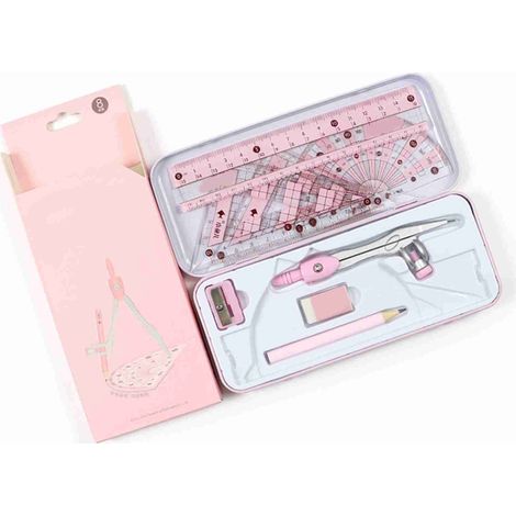 8-teiliges Geometrie-Set: Schülerset mit Lineal, Zirkel, Winkelmesser, Bleistift und Radiergummi für technische Zeichnungen Blau/Rosa 160 mm (1/5)
