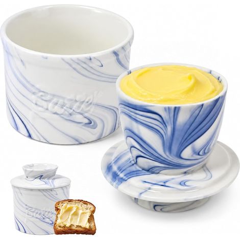 Beurrier avec refroidissement à eau pour réfrigérateur et table Beurrier en céramique - Beurrier en porcelaine - Passe au lave-vaisselle - Design bleu et blanc - Beurre (1/5)