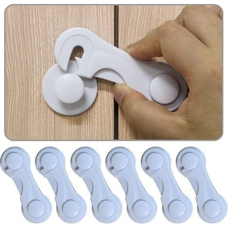Lot de 6 verrous de sécurité pour armoires, loquets de tiroir, loquets d'armoire et de tiroir, ruban adhésif puissant, sans perçage, durable, blanc, idéal pour les meubles, la cuisine, la porte (1/5)