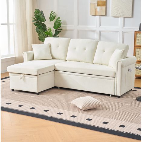 Sofá esquinero cama con arcón y función de cama (206x130x85 cm), chaise reversible, chenilla, beige (1/5)