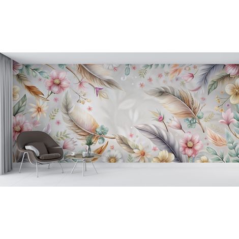 Papier peint boho - plumes et fleurs sauvages pastel - 400 x 260 cm (1/2)