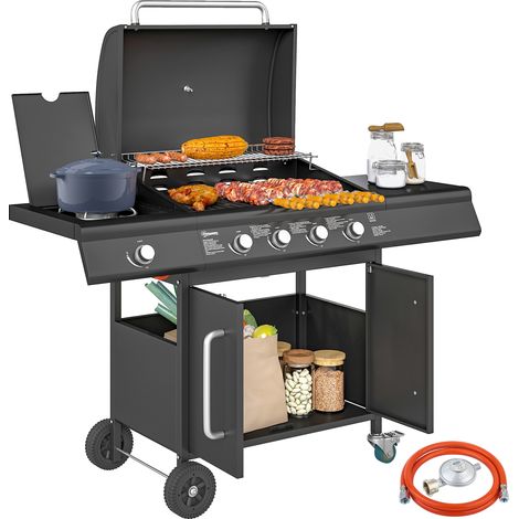 Barbecue a Gas con Fornello Laterale, Tavolino e Armadietto, in Acciaio e PP, 129.5x56x110 cm, Nero