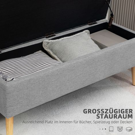 Coffre à chaussures banquette capitonnée grise en lin aspect, rangement intégré, pieds caoutchouc, charge max 220 kg, 110x39x45 cm