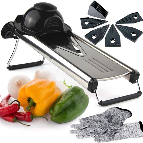 Mandoline, coupe-légumes avec lame en V, mandoline et mandoline à julienne avec 5 inserts différents, brosse de nettoyage et protection exclusive (1/5)